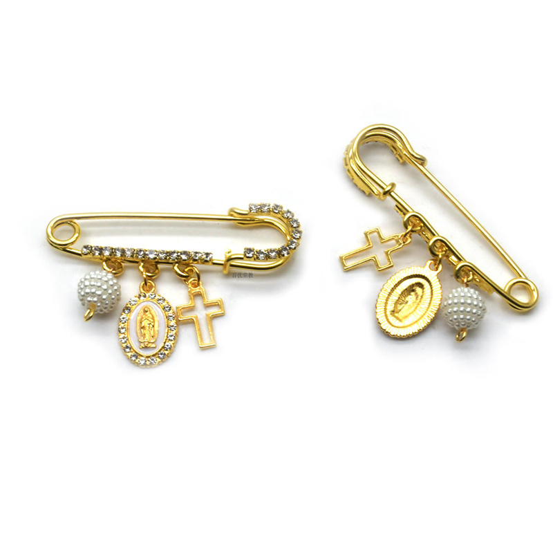 金色调十字架和圣母玛利亚吊坠安全别针胸针，用于基督教宗教珠宝和配件